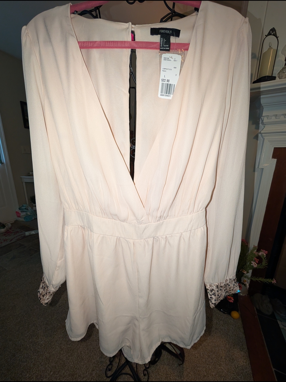 Cream Shorts Romper With Sequins Forever 21 Blush Pink V-Neck Long Sleeve Romper